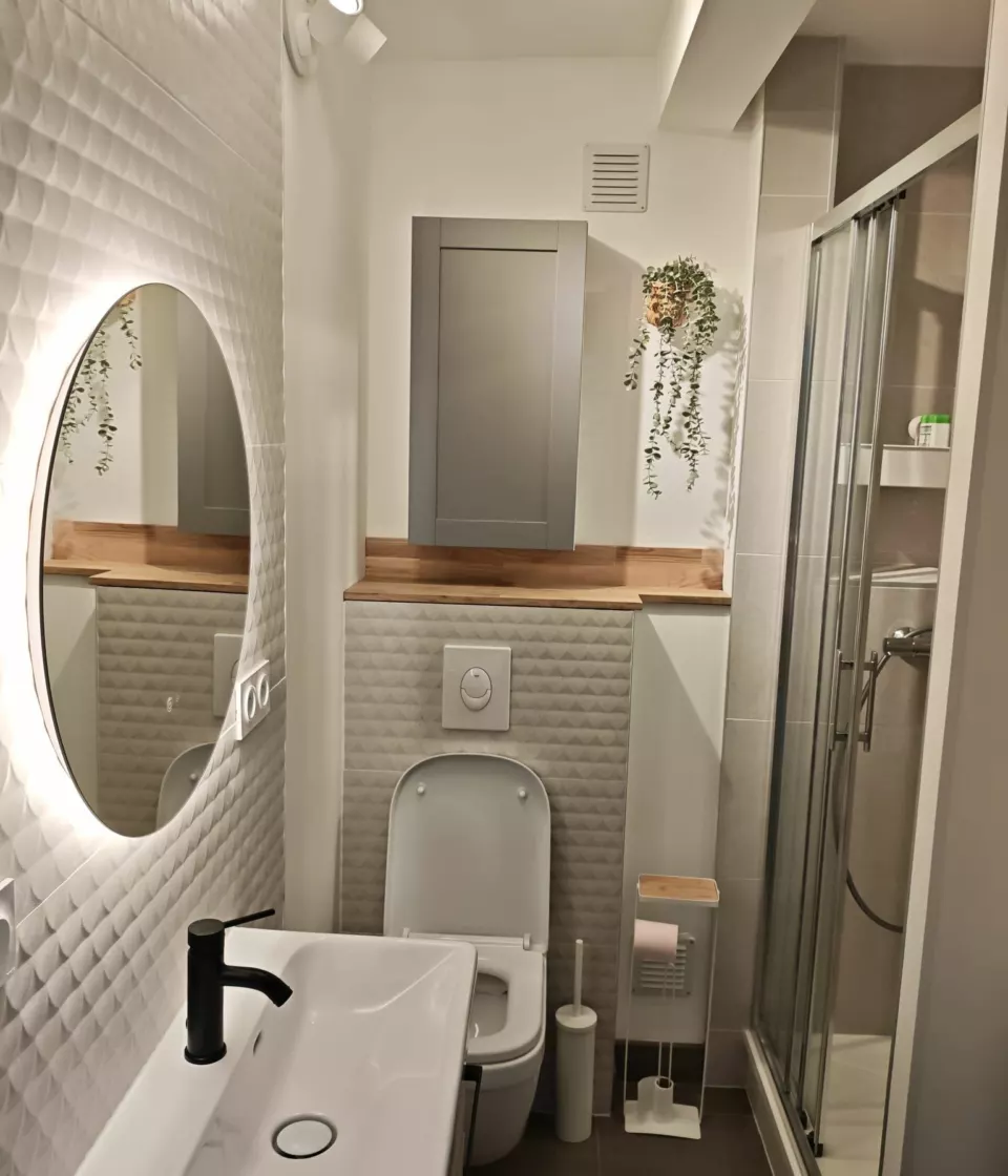 Salle de bains rénovée à Dijon : douche à paroi coulissante, WC suspendu et miroir rétroéclairé